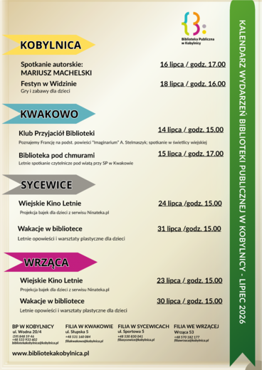 Harmonogram imprez w Bibliotece Publicznej w Kobylnicy i filiach lipiec 2026