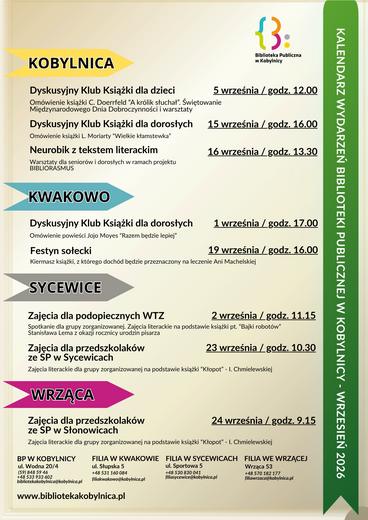 Wydarazenia organizowane w Bibliotece Publicznej w Kobylnicy i jej filiach we wrześniu 2026