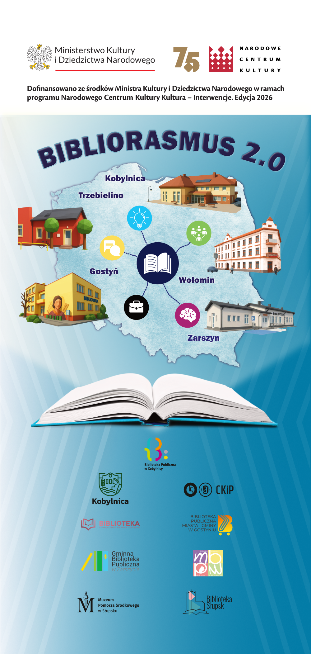 Rollup reklamujący projekt Bibliorasmus 2-0 z&nbsp;logotypami insytucji biorących udział; na&nbsp;środku jest mapa Polski z&nbsp;zaznaczonymi miejscowościami, obrysami budynk&oacute;w, w&nbsp;kt&oacute;rych mieszczą się biblioteki i&nbsp;ikony przedstawiające pracę, wiedzę, rozmowę, społeczność
