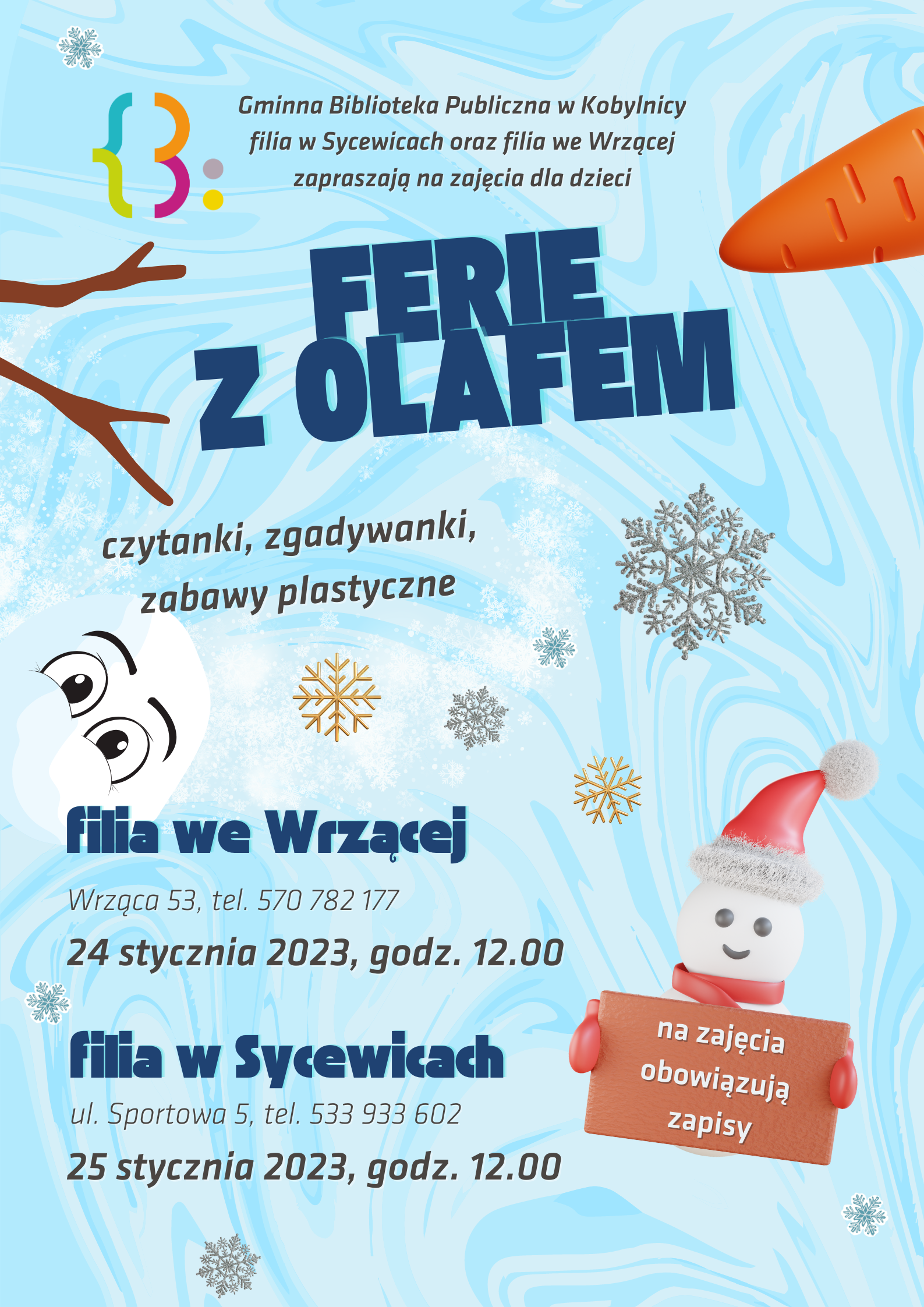 Ferie w bibliotece - zajęcia dla dzieci 24 i 25 stycznia 2023 godz. 12.00- filia we Wrzącej oraz filia w Sycewicach