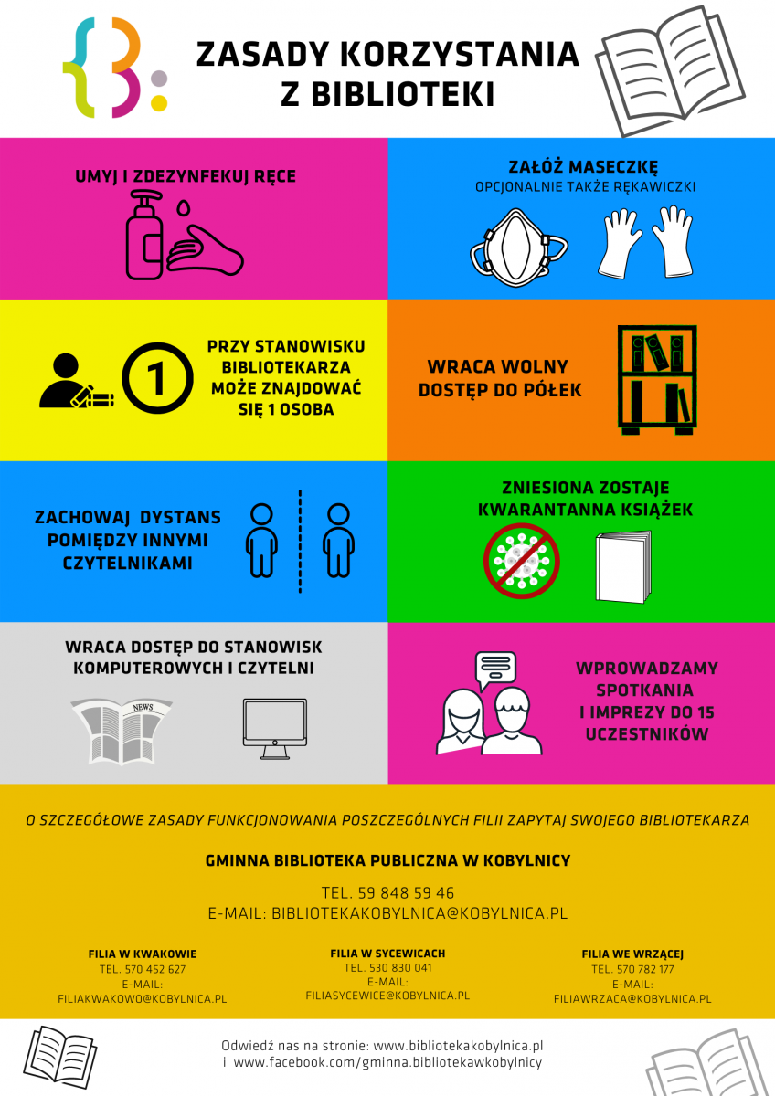 Nowe zasady wypożyczeń w dobie COVID-19 - plakat informacyjny. Jego treść powtórzona jest w artykule.
