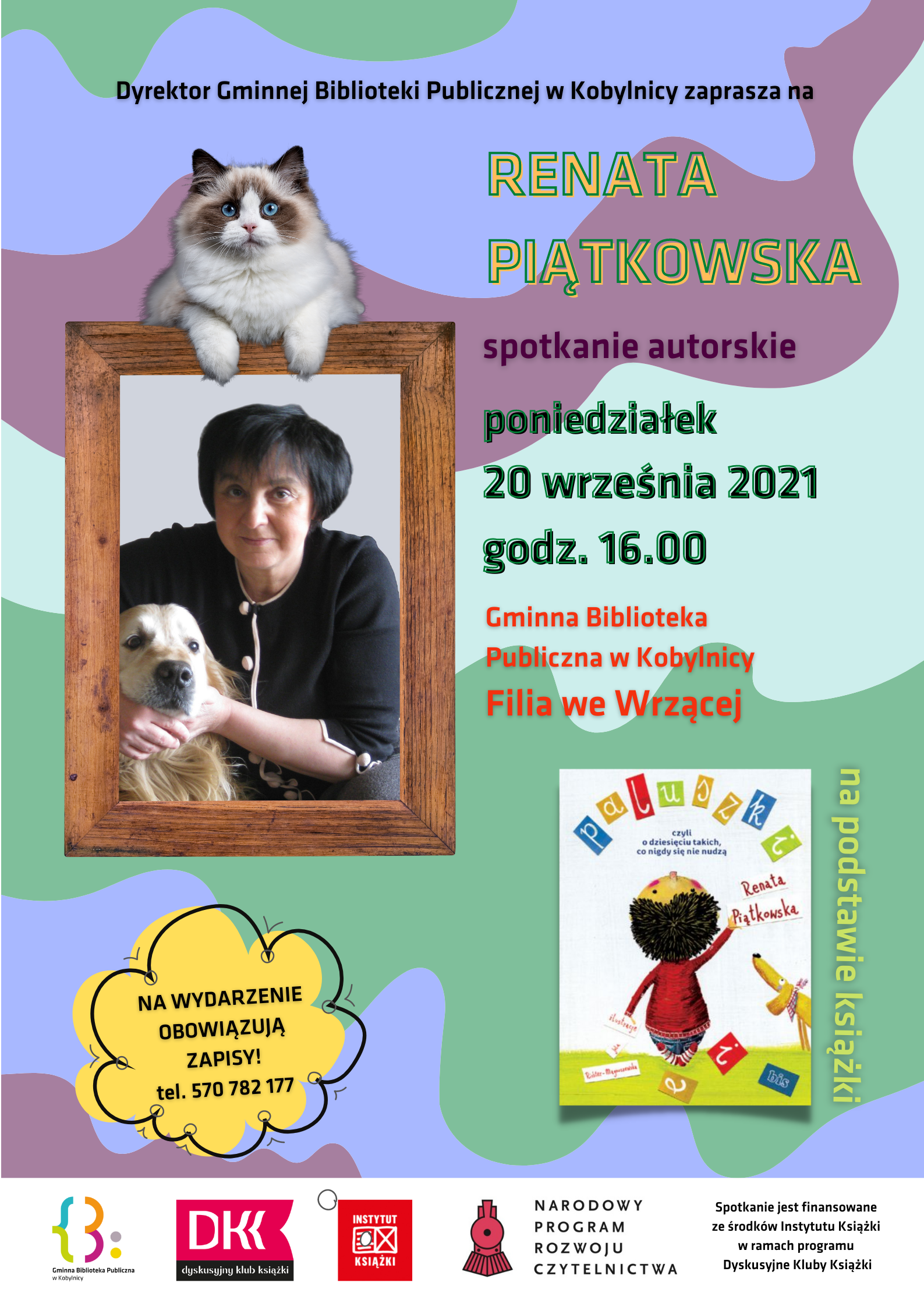 Spotkanie autorskie z&nbsp;Renatą Piątkowską w&nbsp;poniedziałek 20 września 2021 o&nbsp;godzinie 16.00 w&nbsp;bibliotece we Wrzącej. Na spotkanie obowiązują zapisy
