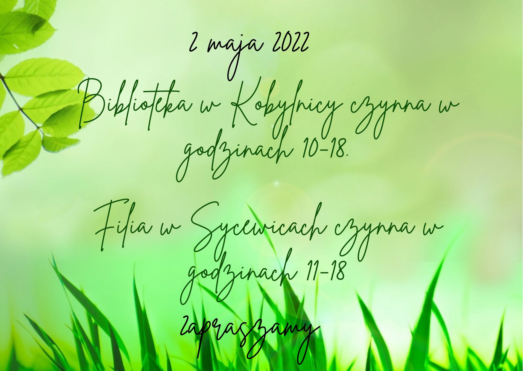 Godziny otwarcia biblioteki w&nbsp;Kobylnicy 2 maja 2022