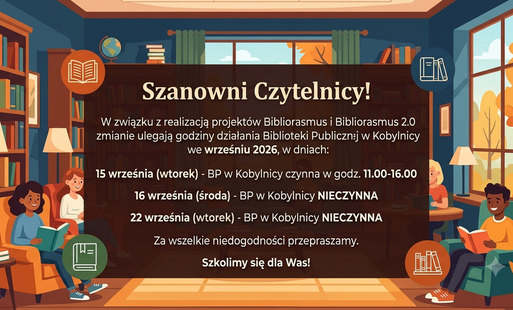 Informacja dotycząca godzin pracy Biblioteki Publicznej w Kobylnicy wrzesień 2026